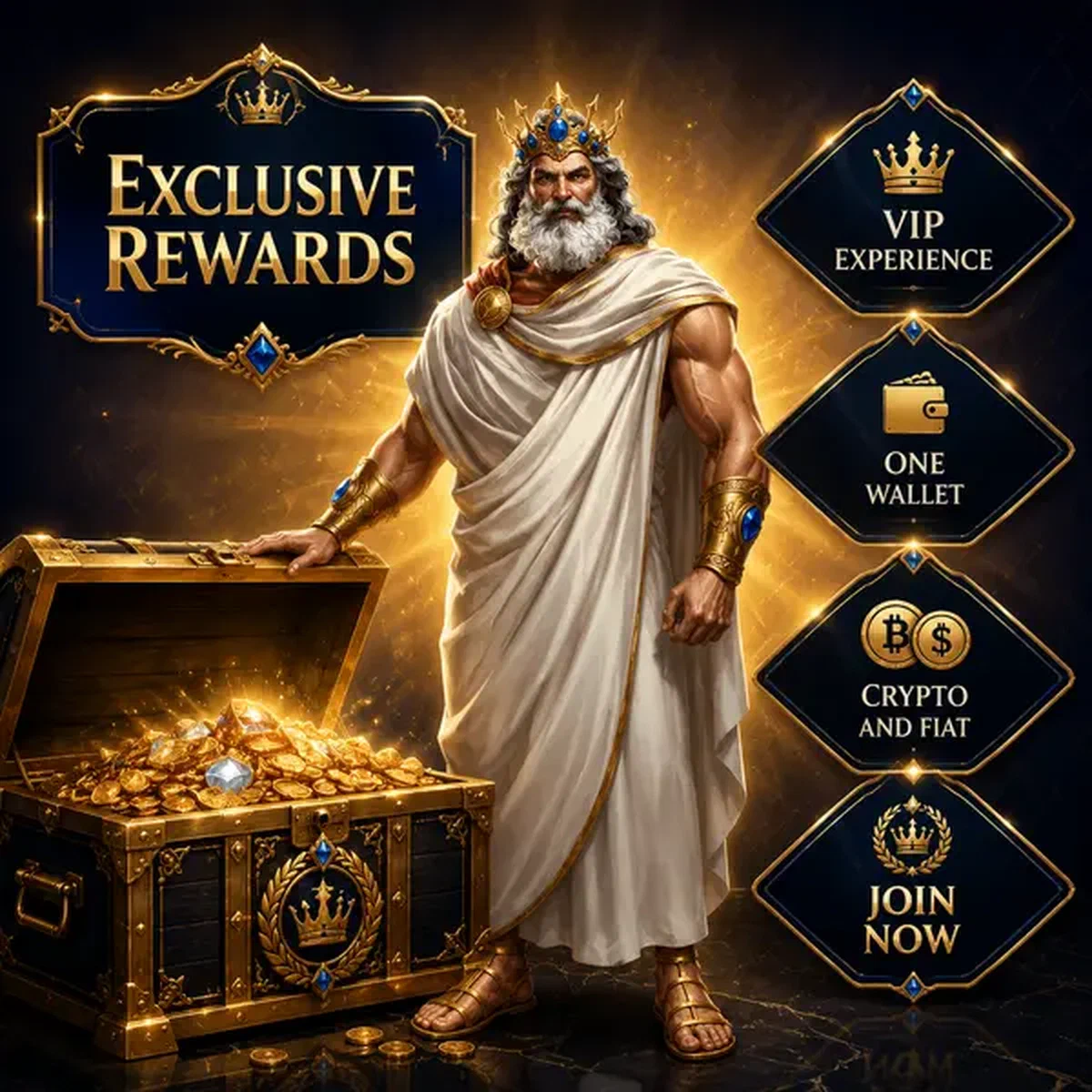 Le Souverain se tient avec un coffre au trésor au Casino Savaspin offrant des récompenses exclusives