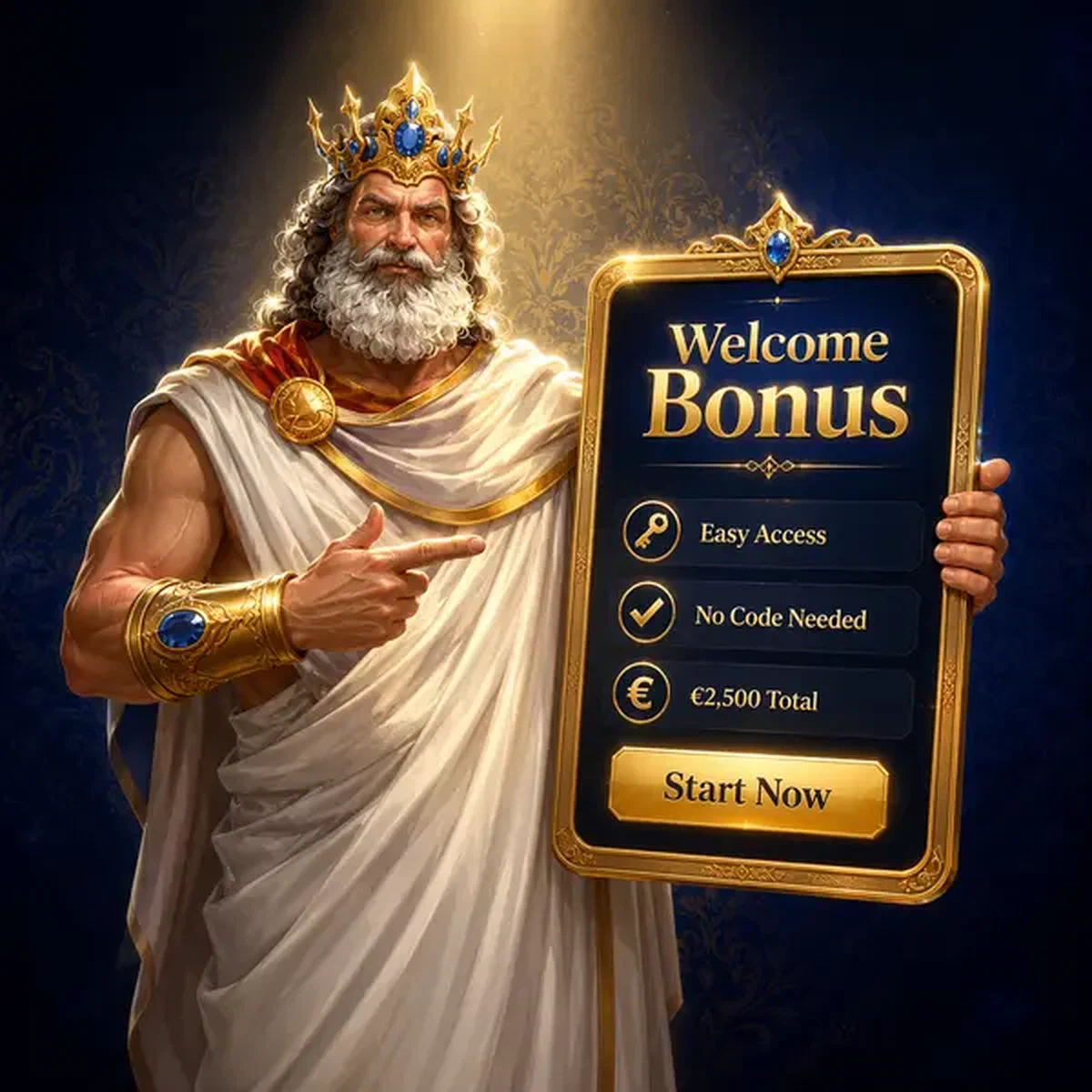 Personnage royal affichant le bonus de connexion Savaspin Casino sur une tablette dorée