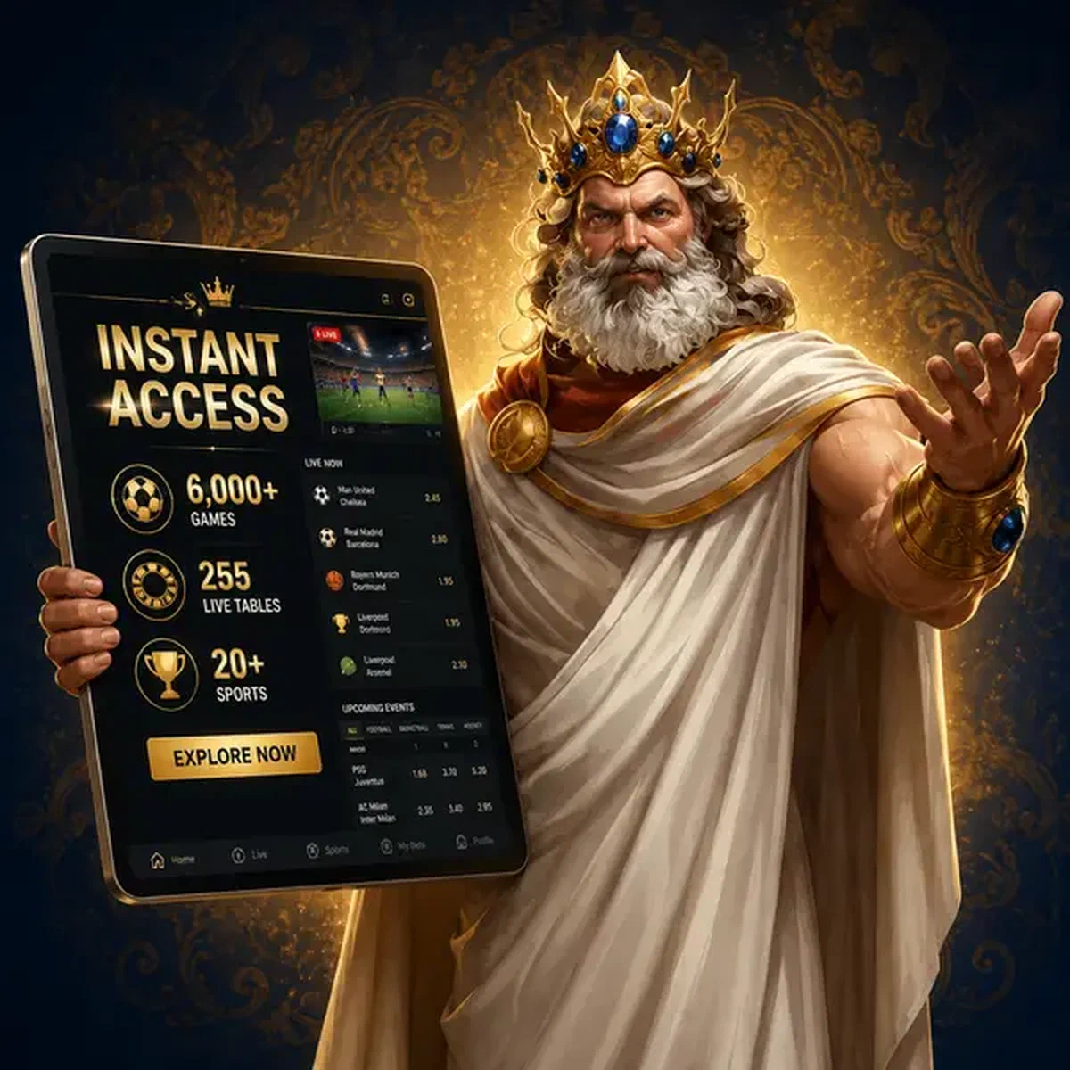 Le Souverain tenant avec assurance une tablette affichant l'accès instantané à plus de 6 000 jeux sur le site de paris sportifs