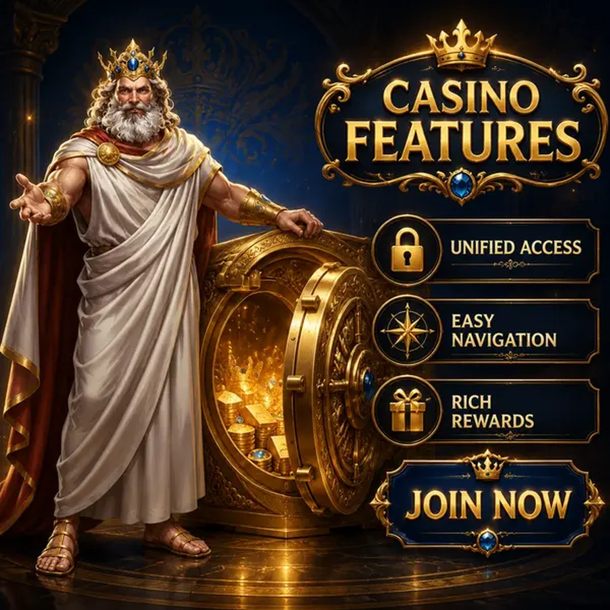 Le coffre-fort des fonctionnalités du Casino Savaspin s'ouvre révélant un accès unifié et de riches récompenses